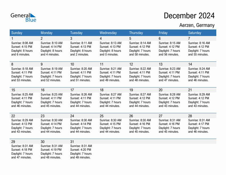 Aerzen December 2024 sunrise and sunset calendar in PDF, Excel, and Word