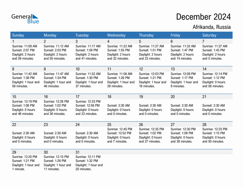 Afrikanda December 2024 sunrise and sunset calendar in PDF, Excel, and Word