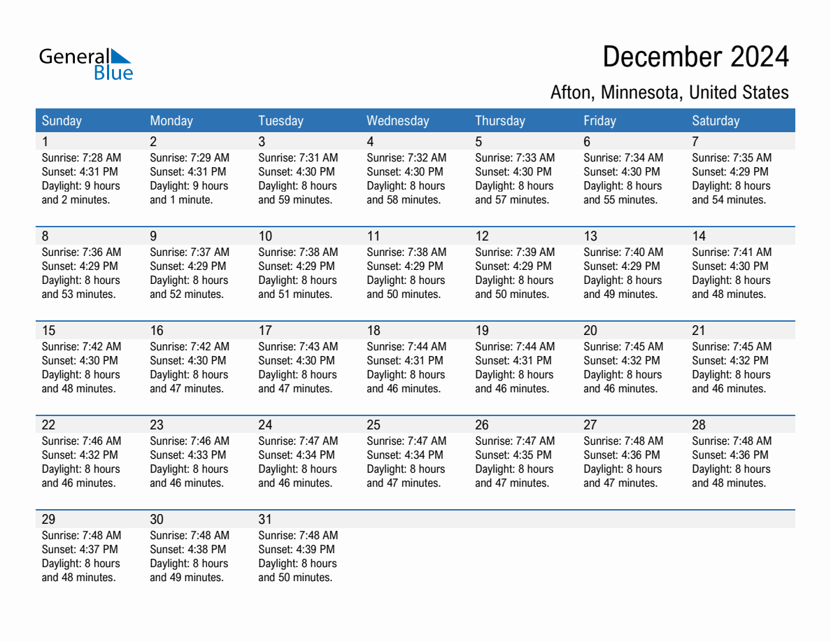 December 2024 sunrise and sunset calendar for Afton