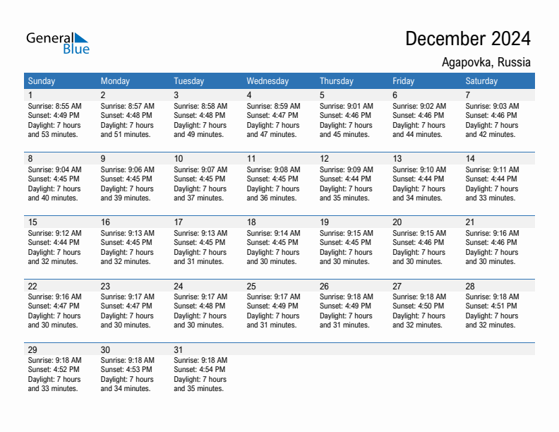 Agapovka December 2024 sunrise and sunset calendar in PDF, Excel, and Word