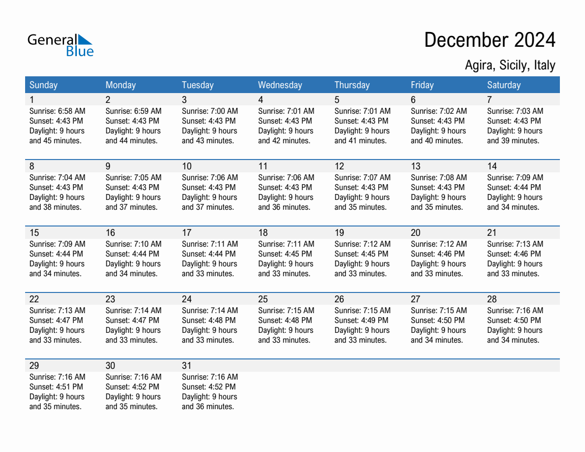 December 2024 sunrise and sunset calendar for Agira