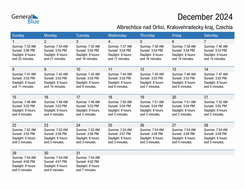 Albrechtice nad Orlici December 2024 sunrise and sunset calendar in PDF, Excel, and Word