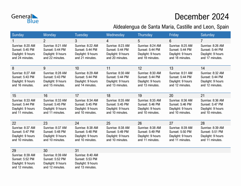 Aldealengua de Santa Maria December 2024 sunrise and sunset calendar in PDF, Excel, and Word