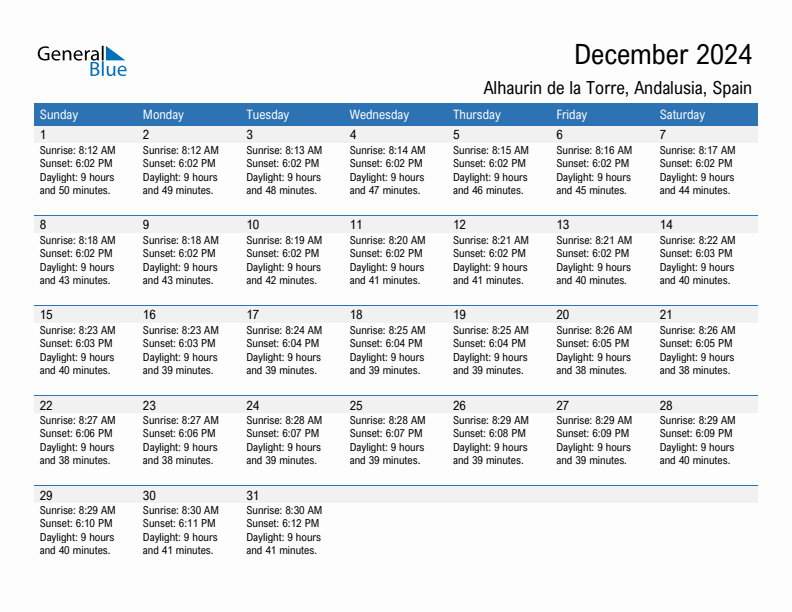 Alhaurin de la Torre December 2024 sunrise and sunset calendar in PDF, Excel, and Word