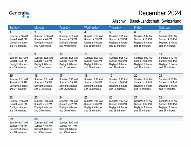 Allschwil December 2024 sunrise and sunset calendar in PDF, Excel, and Word