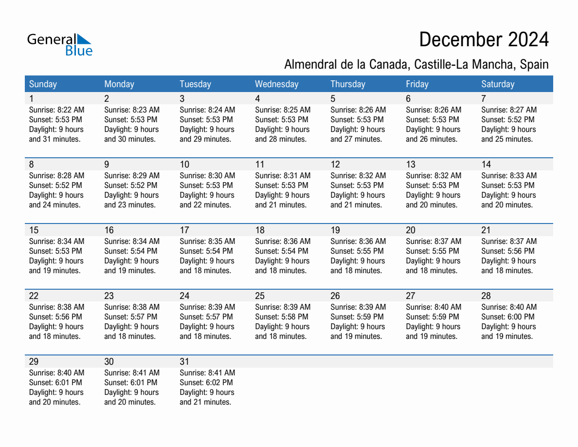 December 2024 sunrise and sunset calendar for Almendral de la Canada