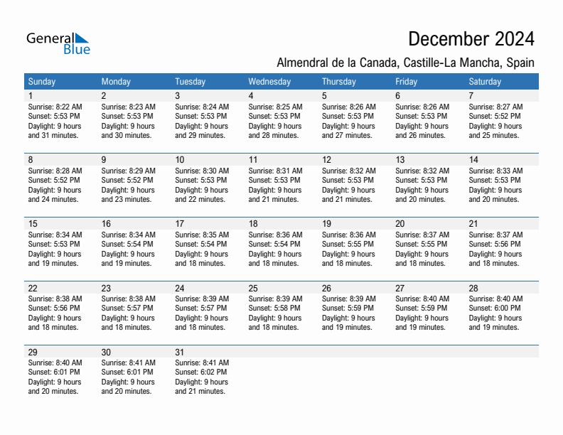 Almendral de la Canada December 2024 sunrise and sunset calendar in PDF, Excel, and Word