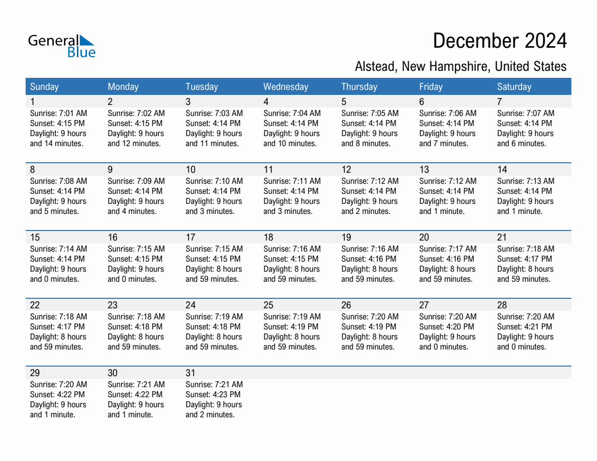 December 2024 sunrise and sunset calendar for Alstead