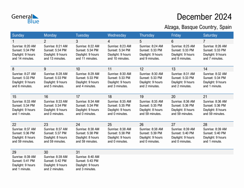 Alzaga December 2024 sunrise and sunset calendar in PDF, Excel, and Word