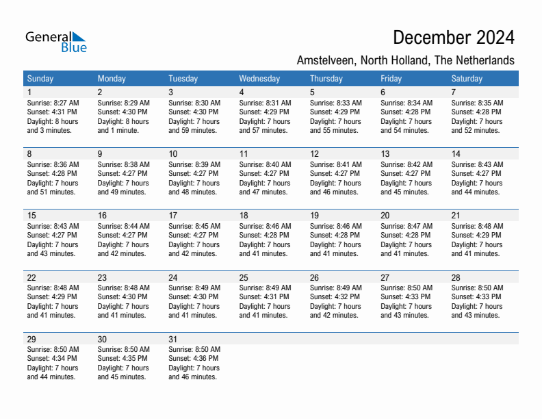 Amstelveen December 2024 sunrise and sunset calendar in PDF, Excel, and Word