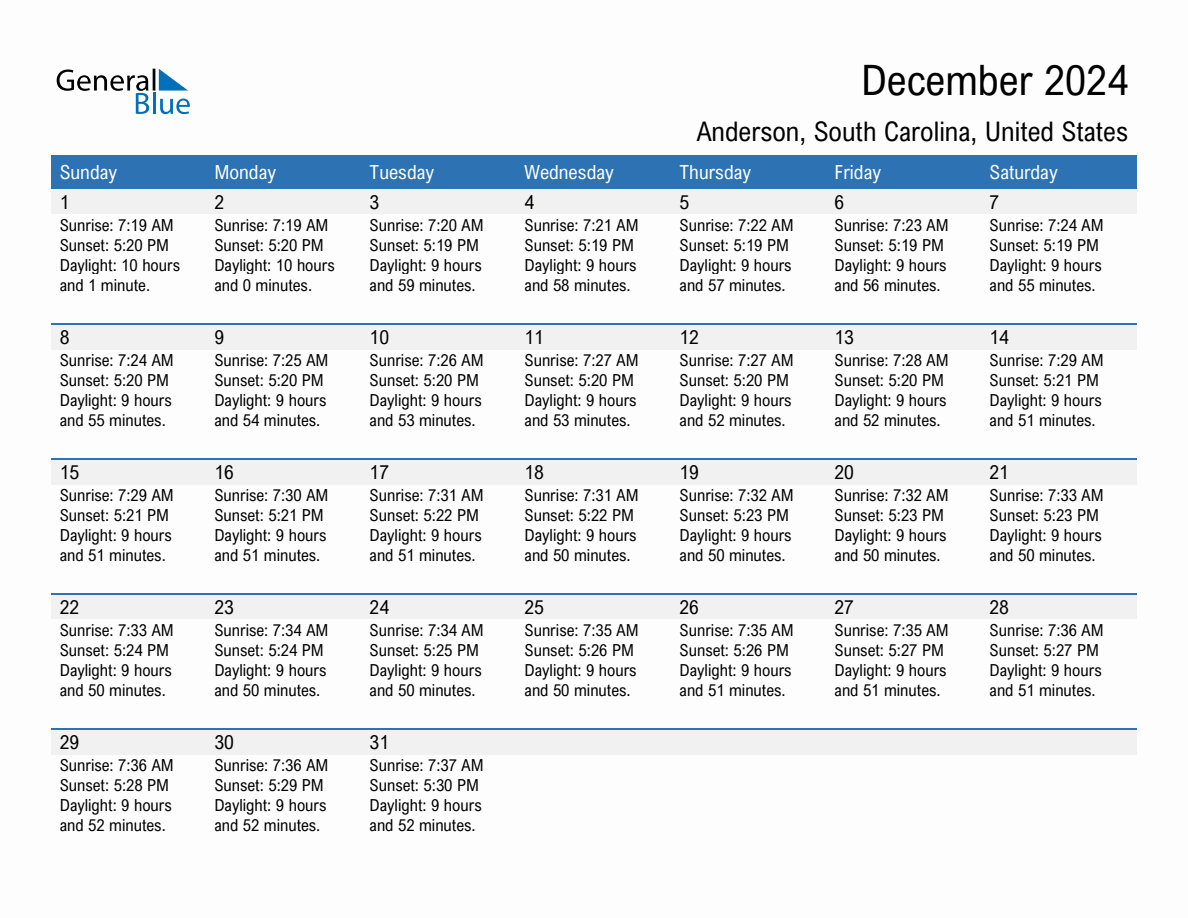 December 2024 sunrise and sunset calendar for Anderson