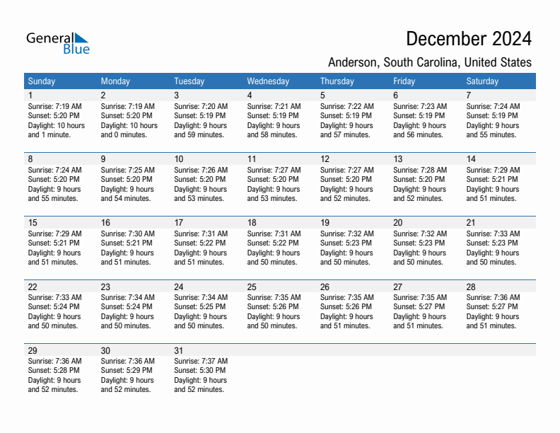 Anderson December 2024 sunrise and sunset calendar in PDF, Excel, and Word