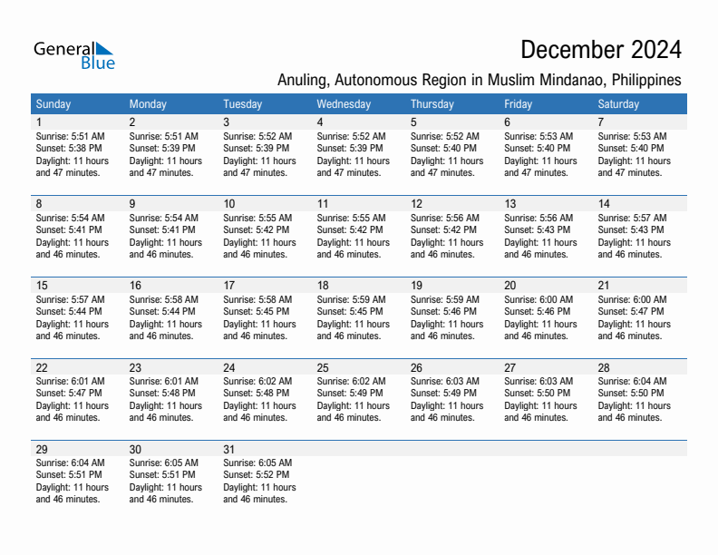 Anuling December 2024 sunrise and sunset calendar in PDF, Excel, and Word