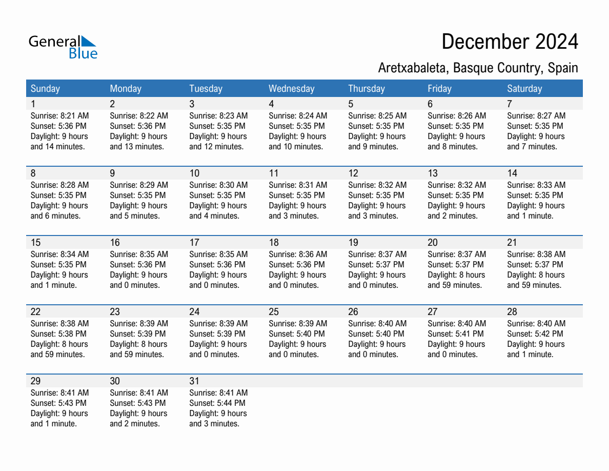 December 2024 sunrise and sunset calendar for Aretxabaleta