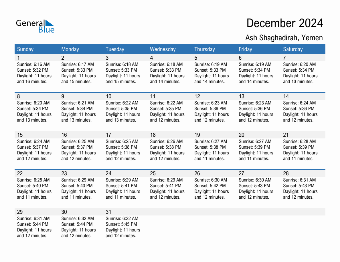 December 2024 sunrise and sunset calendar for Ash Shaghadirah