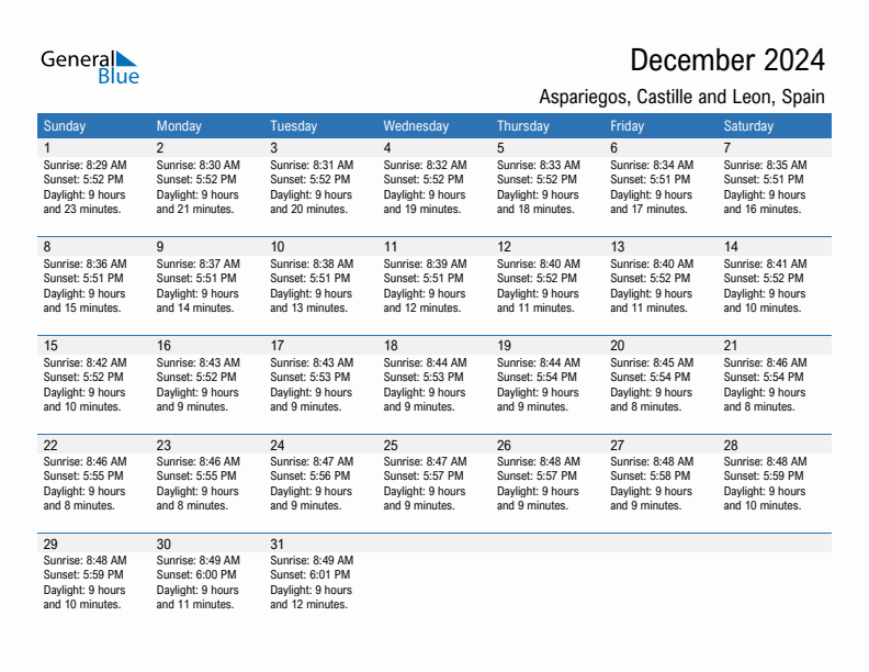 Aspariegos December 2024 sunrise and sunset calendar in PDF, Excel, and Word