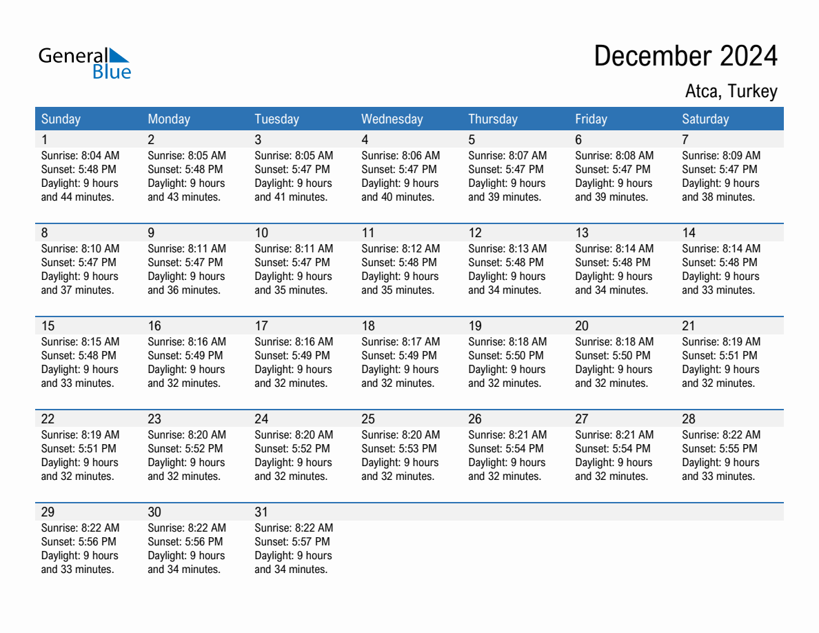 December 2024 sunrise and sunset calendar for Atca