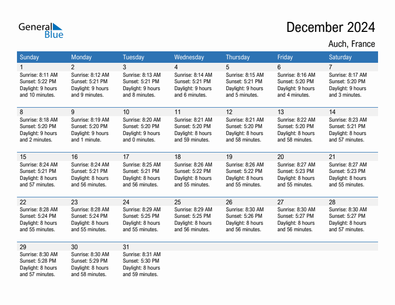 Auch December 2024 sunrise and sunset calendar in PDF, Excel, and Word