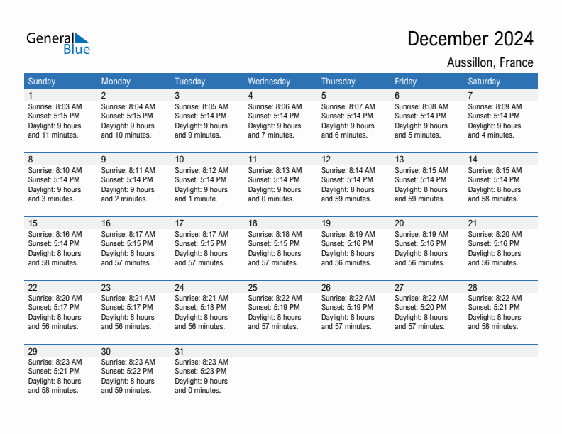 Aussillon December 2024 sunrise and sunset calendar in PDF, Excel, and Word