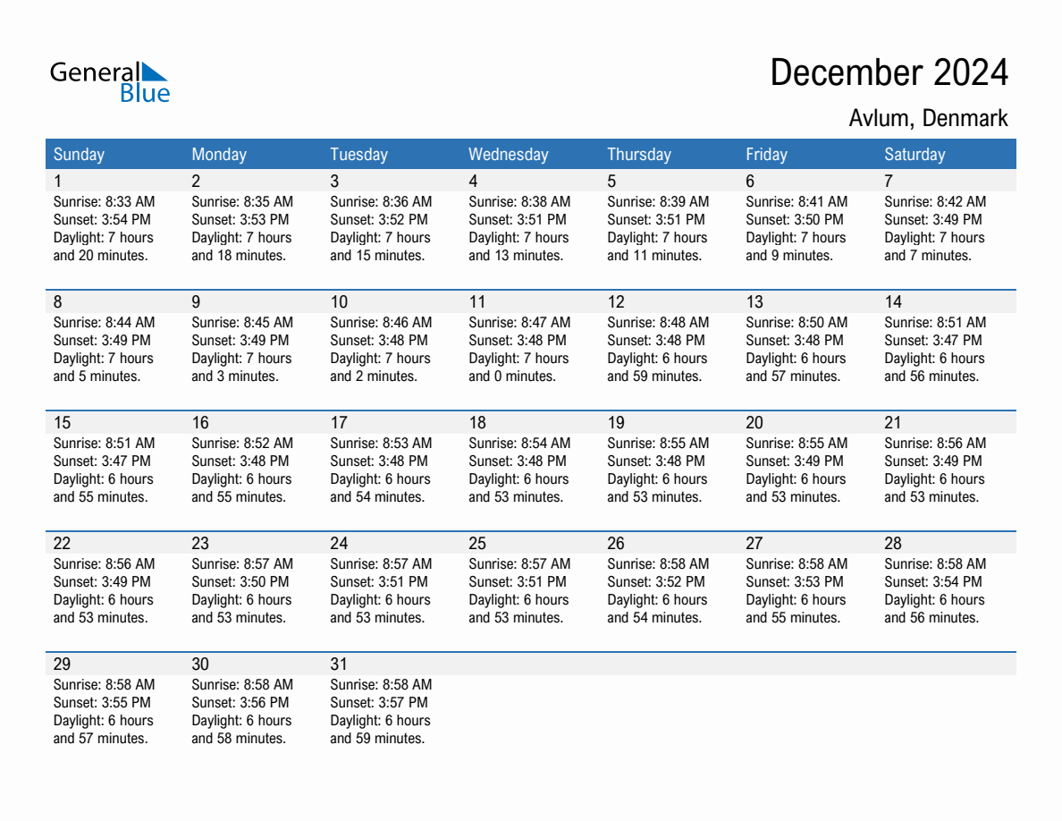 December 2024 sunrise and sunset calendar for Avlum