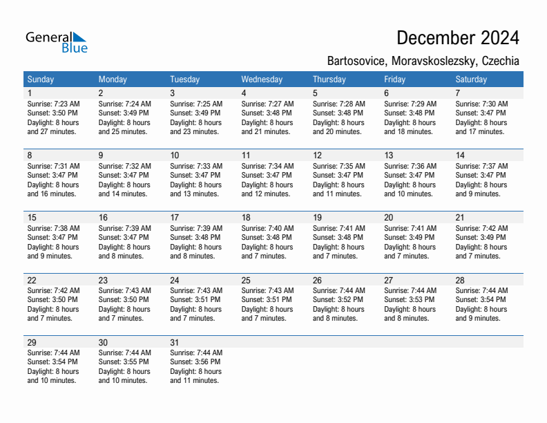 Bartosovice December 2024 sunrise and sunset calendar in PDF, Excel, and Word