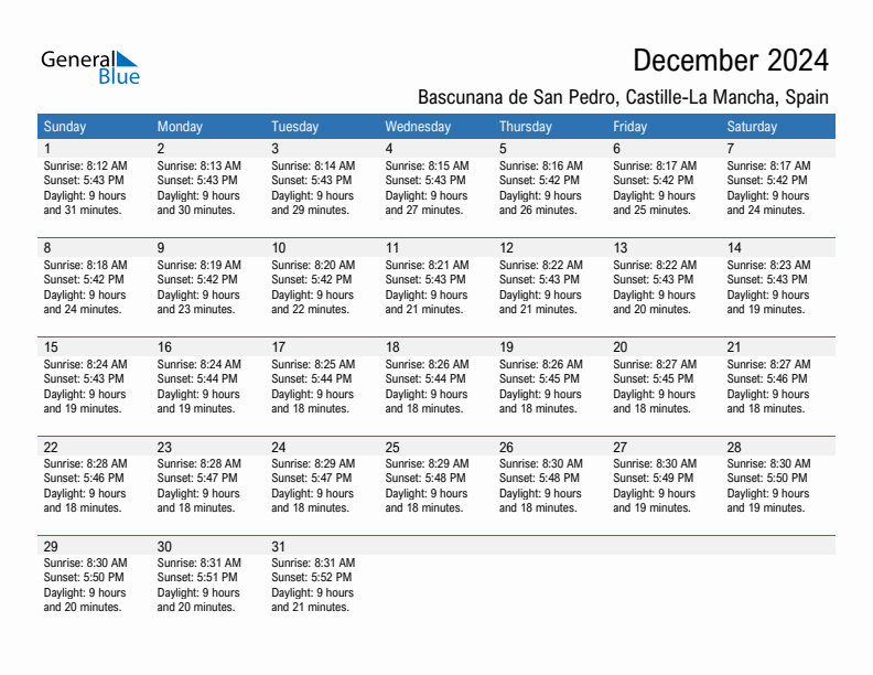 Bascunana de San Pedro December 2024 sunrise and sunset calendar in PDF, Excel, and Word