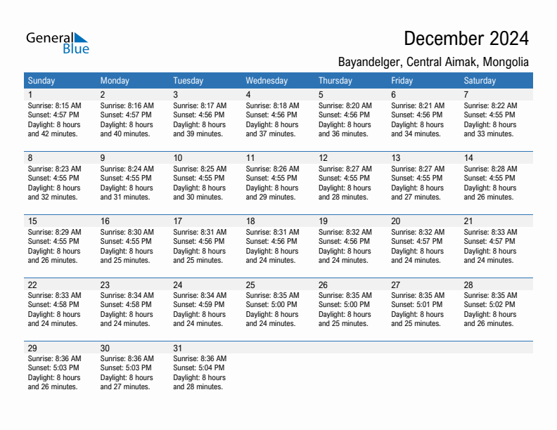Bayandelger December 2024 sunrise and sunset calendar in PDF, Excel, and Word