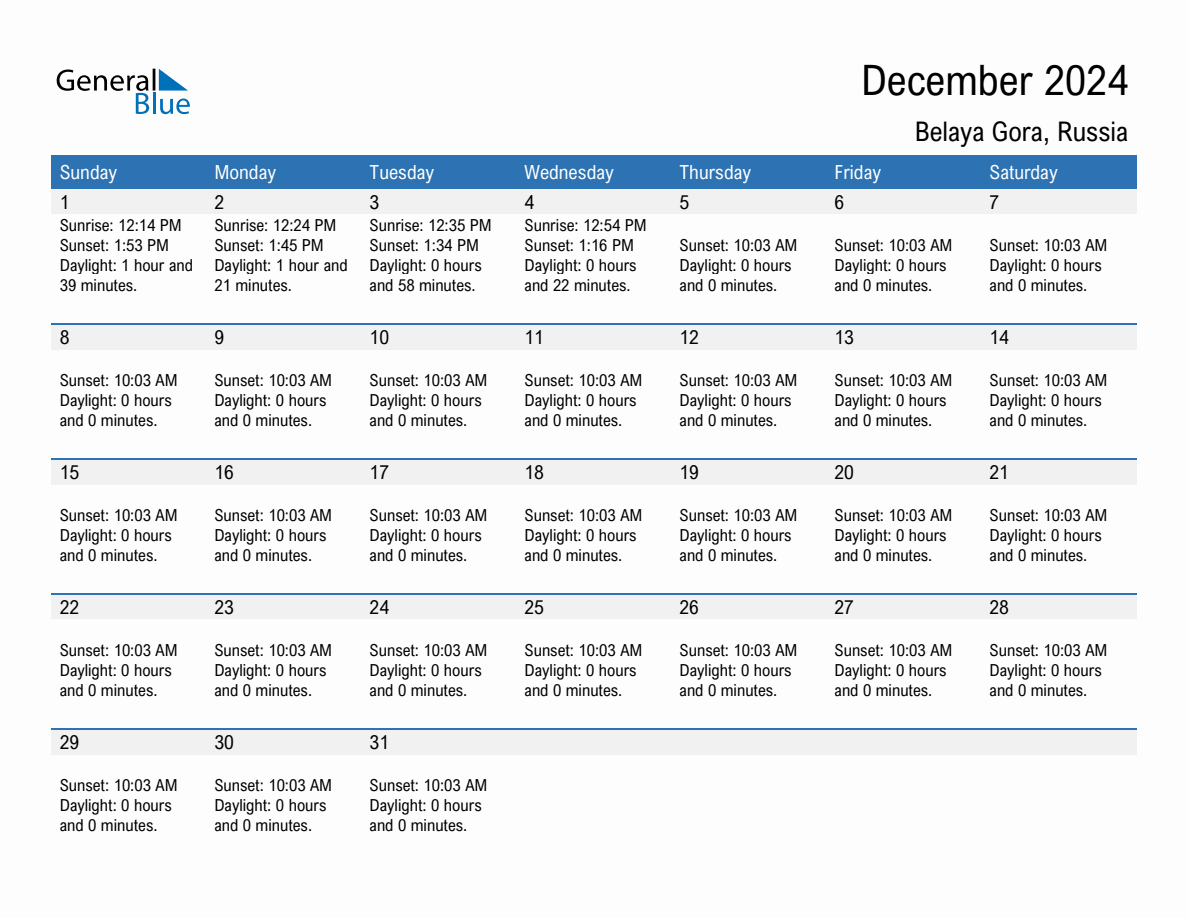 December 2024 sunrise and sunset calendar for Belaya Gora