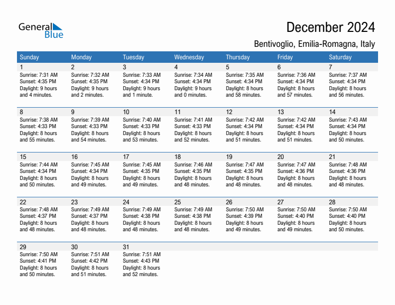 Bentivoglio December 2024 sunrise and sunset calendar in PDF, Excel, and Word
