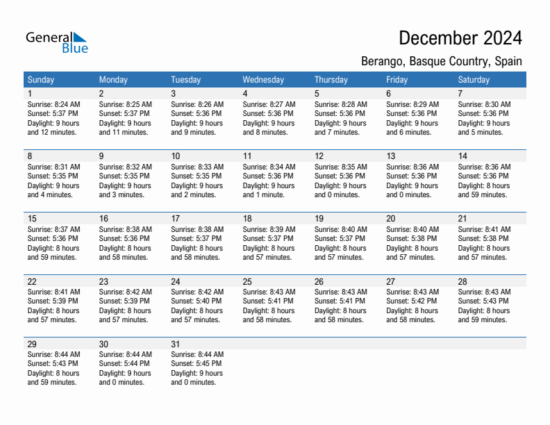 Berango December 2024 sunrise and sunset calendar in PDF, Excel, and Word