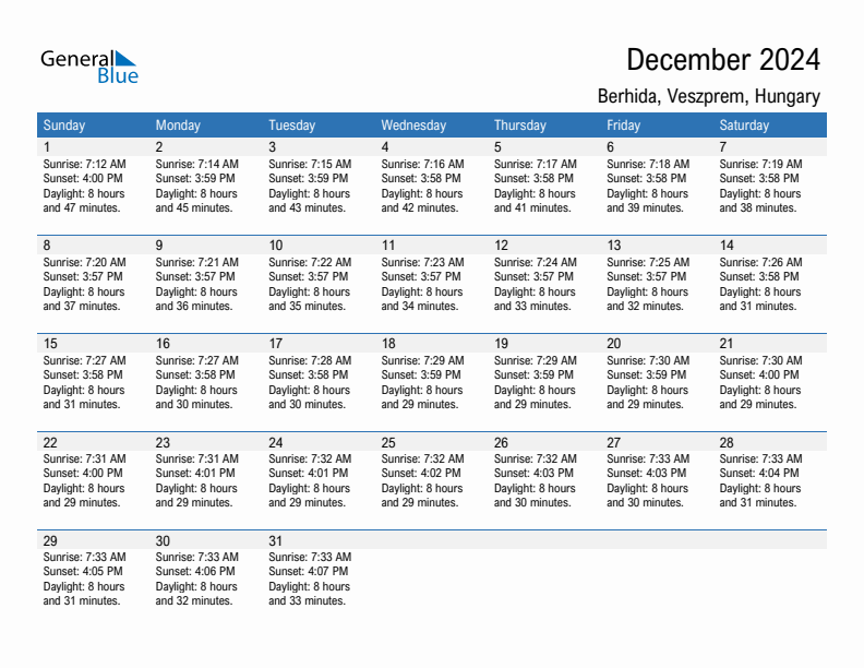 Berhida December 2024 sunrise and sunset calendar in PDF, Excel, and Word