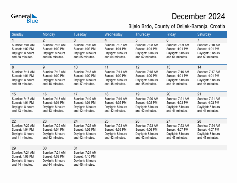 Bijelo Brdo December 2024 sunrise and sunset calendar in PDF, Excel, and Word