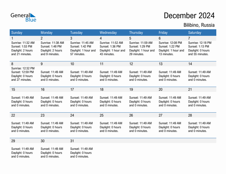 Bilibino December 2024 sunrise and sunset calendar in PDF, Excel, and Word