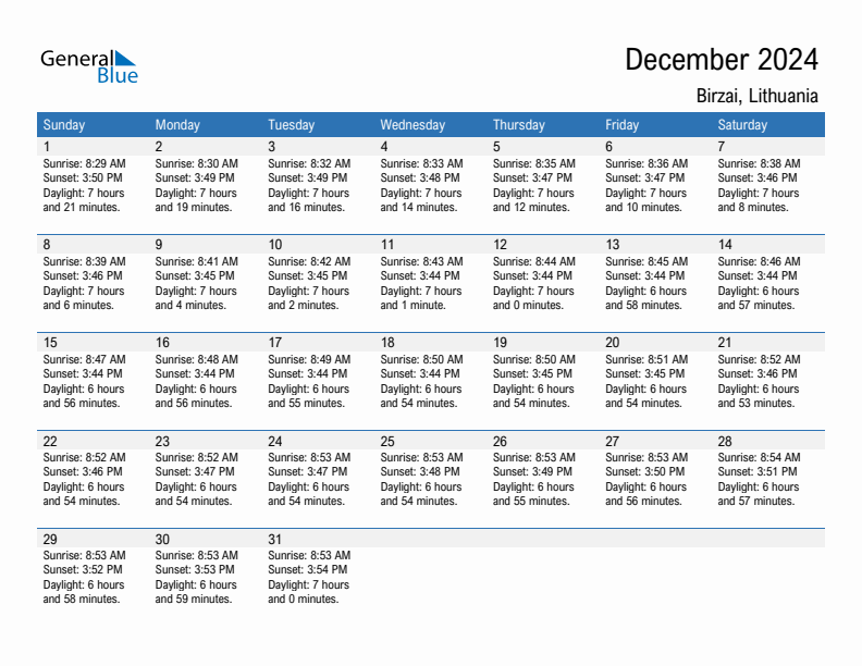 Birzai December 2024 sunrise and sunset calendar in PDF, Excel, and Word