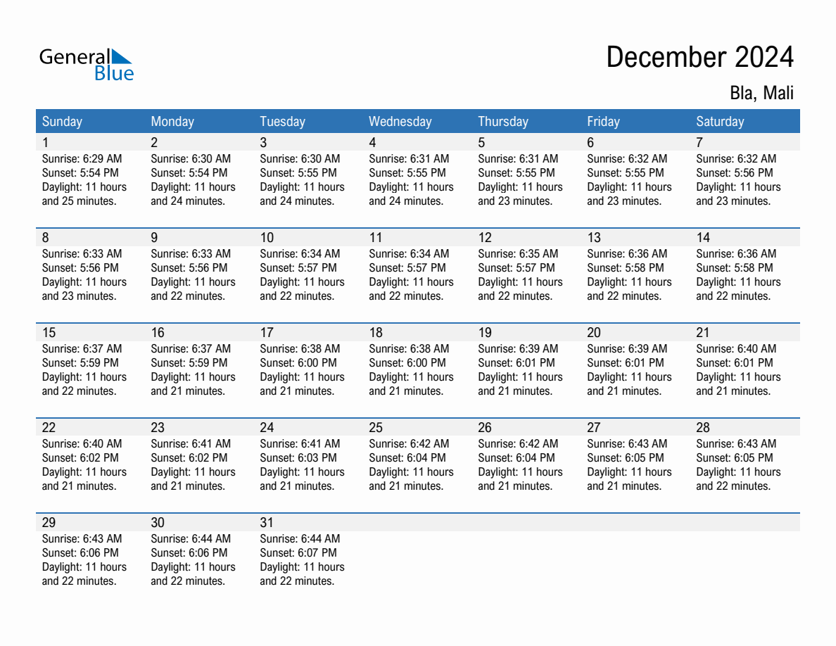 December 2024 sunrise and sunset calendar for Bla