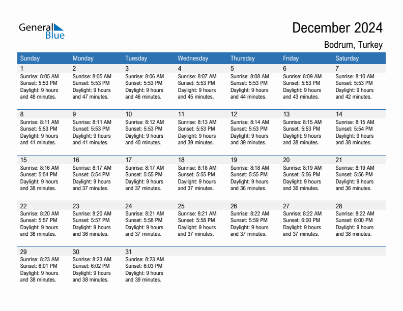 Bodrum December 2024 sunrise and sunset calendar in PDF, Excel, and Word