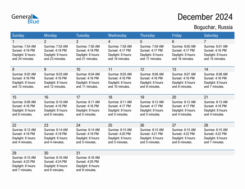 Boguchar December 2024 sunrise and sunset calendar in PDF, Excel, and Word