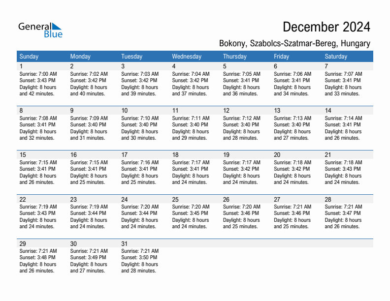 Bokony December 2024 sunrise and sunset calendar in PDF, Excel, and Word