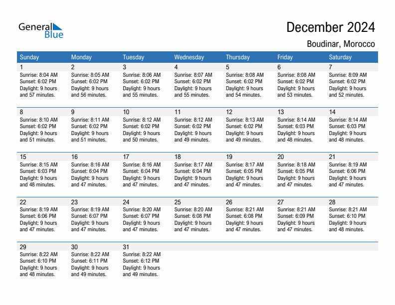 Boudinar December 2024 sunrise and sunset calendar in PDF, Excel, and Word