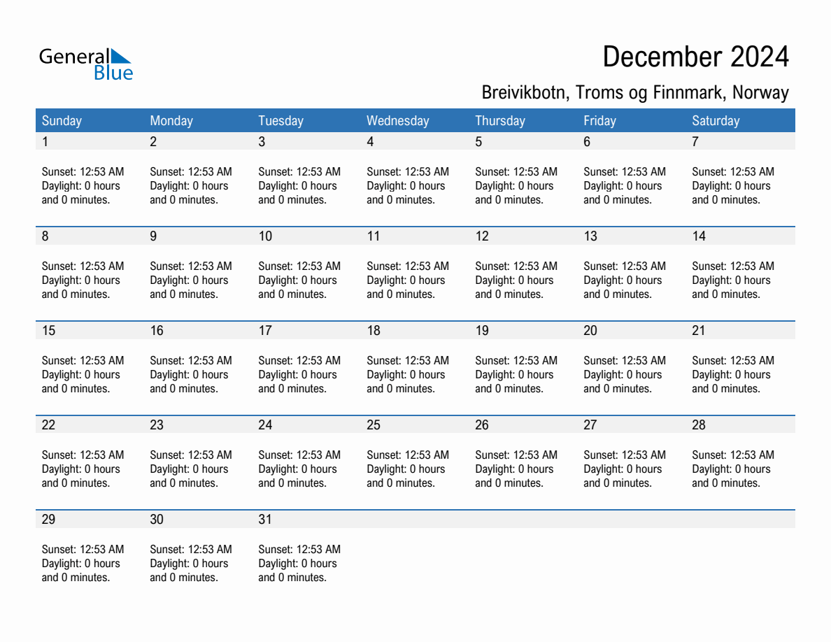 December 2024 sunrise and sunset calendar for Breivikbotn