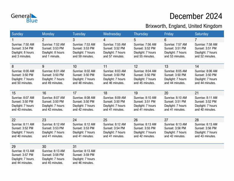 Brixworth December 2024 sunrise and sunset calendar in PDF, Excel, and Word