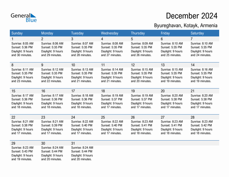 Byureghavan December 2024 sunrise and sunset calendar in PDF, Excel, and Word