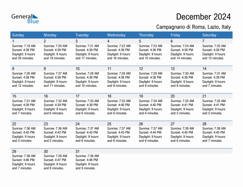 Campagnano di Roma December 2024 sunrise and sunset calendar in PDF, Excel, and Word