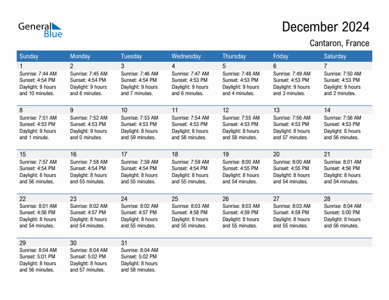 Cantaron December 2024 sunrise and sunset calendar in PDF, Excel, and Word