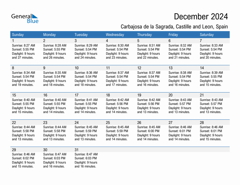 Carbajosa de la Sagrada December 2024 sunrise and sunset calendar in PDF, Excel, and Word