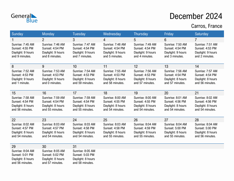 Carros December 2024 sunrise and sunset calendar in PDF, Excel, and Word