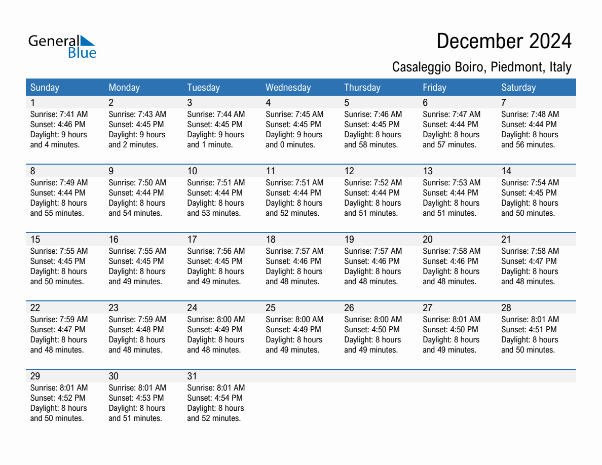 December 2024 sunrise and sunset calendar for Casaleggio Boiro