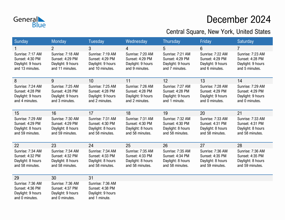 December 2024 sunrise and sunset calendar for Central Square