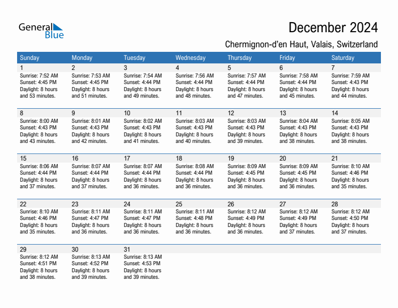 Chermignon-d'en Haut December 2024 sunrise and sunset calendar in PDF, Excel, and Word