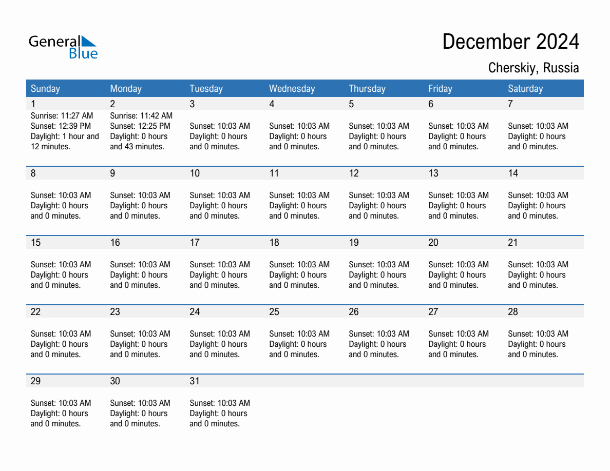 December 2024 sunrise and sunset calendar for Cherskiy